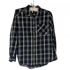 Time & Tru Sz S Button Down Blue Green Plaid Cotton Long Sleeve Button Down